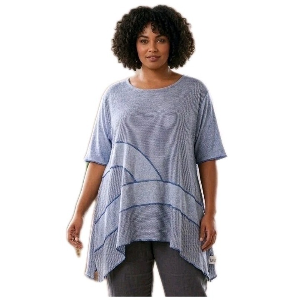DUNES Relaxed Fashion Tunic Top Size OS Blue Striped Cotton Asymmetric Lagenlook